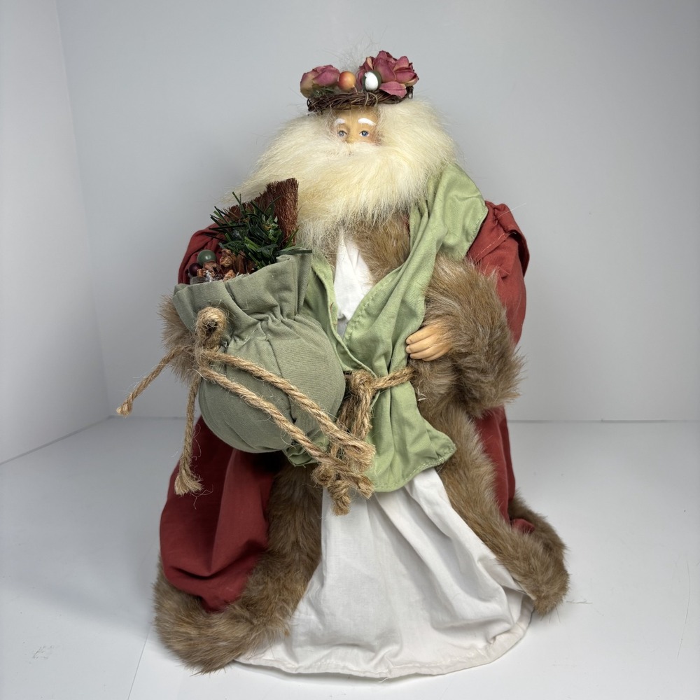 Woodland Santa Claus Christmas Tree Topper Faux Fur Robe Twig Floral Wreath 12.5